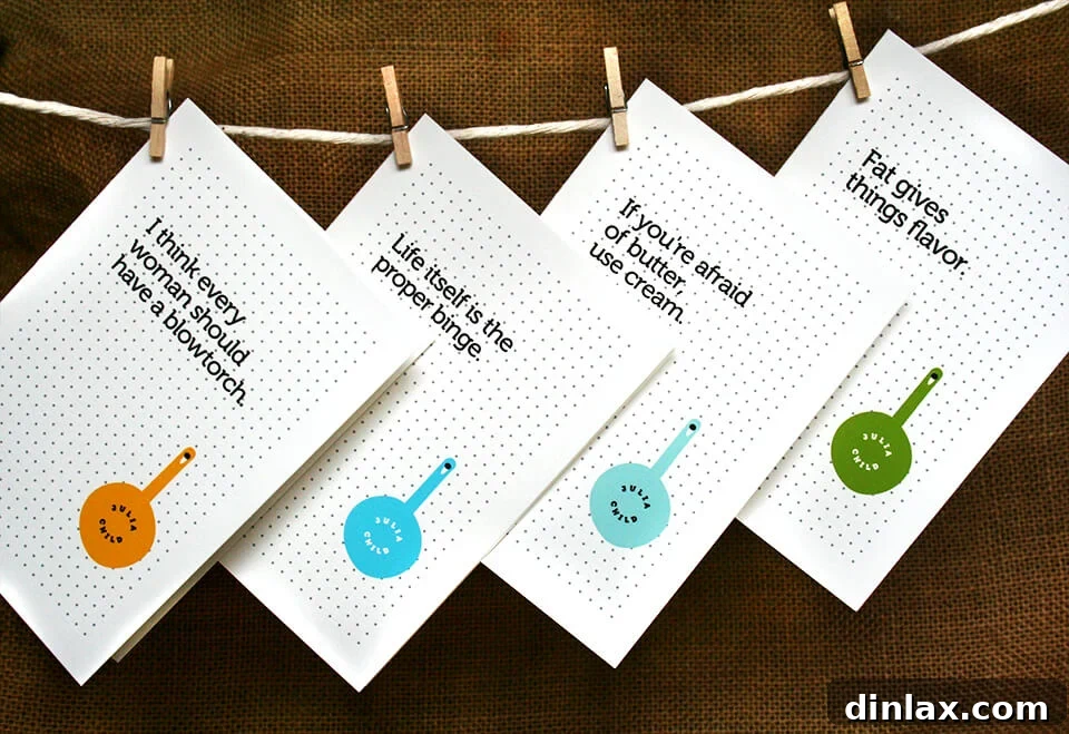 Collection of vertically oriented notecards featuring inspiring Julia Child quotes.
