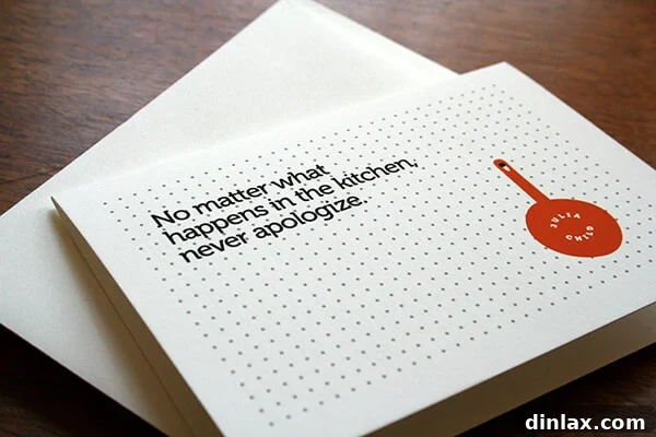 Notecard featuring Julia Child's culinary advice: 'No matter what happens in the kitchen, never apologize.'
