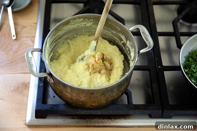 A pot of mashed potatoes on the stovetop with freshly squeezed roasted garlic cloves added, ready to be stirred in.