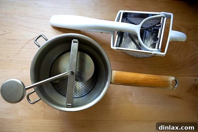 A food mill and a potato ricer, both kitchen tools designed for mashing potatoes, sit on a stovetop.