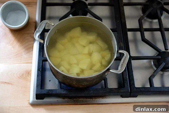 Chopped potatoes placed in a large pot on the stovetop, covered with cold water, ready for boiling.