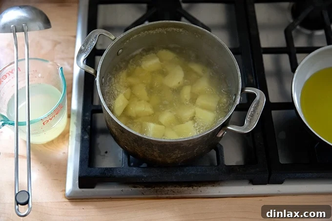 Yukon Gold potatoes boiling vigorously in a pot on the stovetop, indicating they are almost tender.
