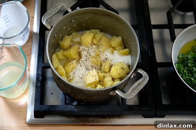Cooked potatoes in a pot with buttermilk, reserved cooking liquid, salt, and pepper added, ready for mashing.