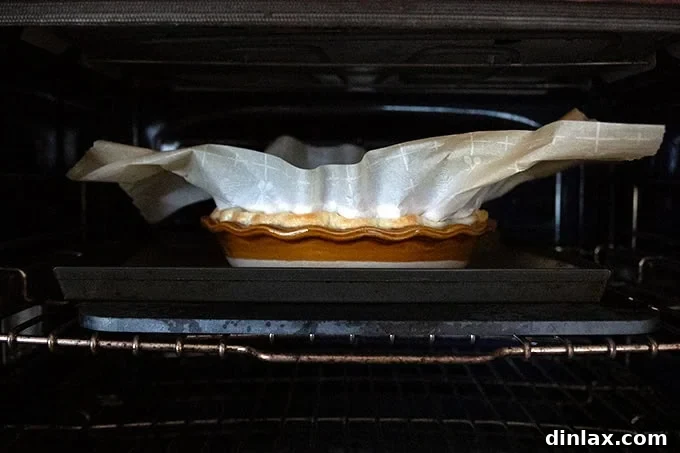 A pie crust parbaking in the oven on a baking steel.