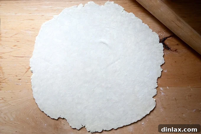 Pie dough rolled out into a 15-inch round.