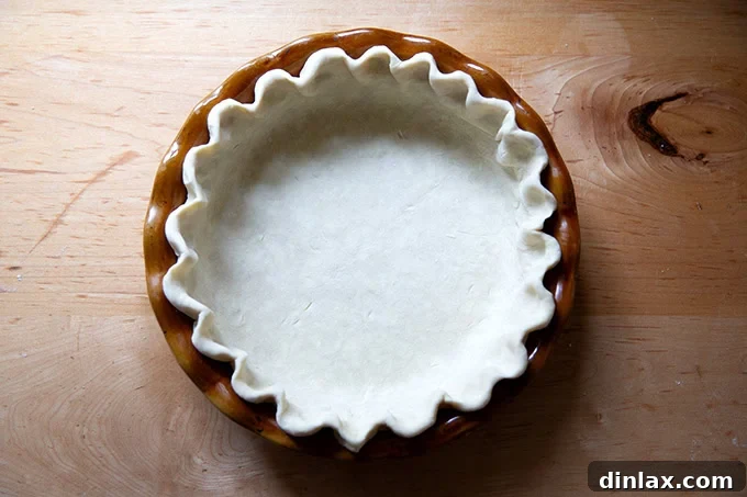 A pie plate fitted with pie dough, its edges crimped.