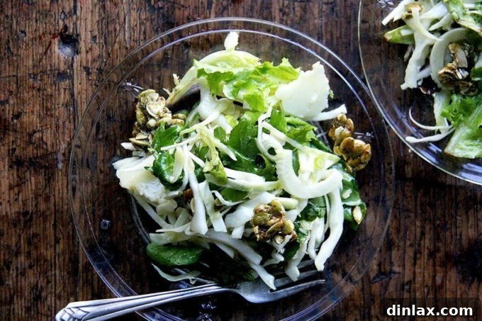 A beautifully composed plate of fall salad with cabbage, fennel, Manchego cheese, and candied pepitas.