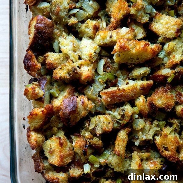 Classic bread stuffing in a 9x13-inch baking dish, ready for serving.