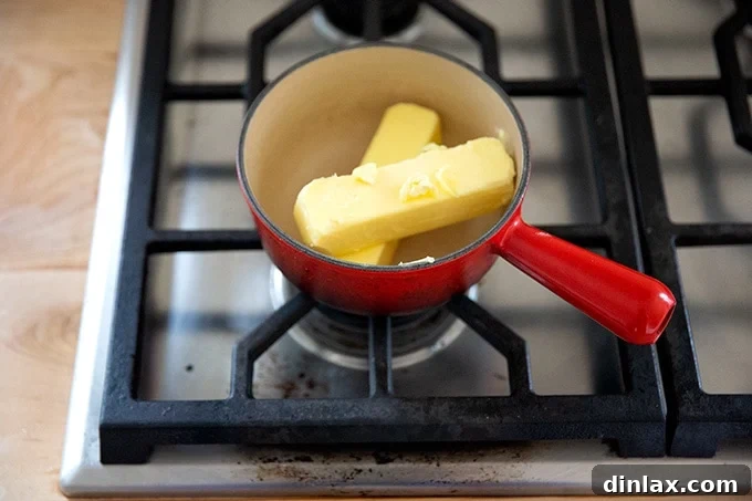 Golden Brown Butter Snickerdoodle Cookies 4 Two sticks of unsalted butter placed in a small saucepan, positioned on a stovetop, ready to be melted and browned.