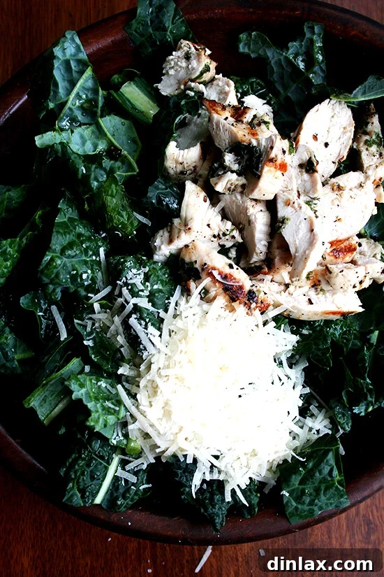 Kale Caesar with grilled chicken, beautifully tossed