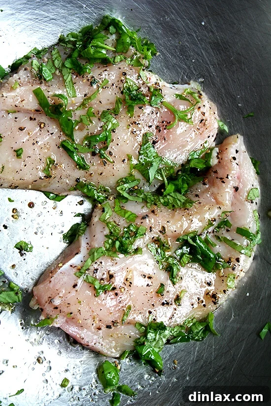 Uncooked chicken breasts seasoned with basil, salt and pepper