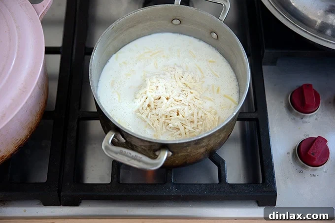 A creamy, rich cheese and milk mixture, perfectly thickened in a pot on the stovetop, forming the heart of the soup.