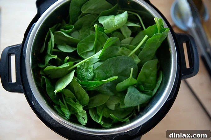 Effortless Butter Chicken and Chickpeas Instant Pot or Stovetop 14 A large pile of fresh baby spinach added directly on top of the cooked butter chicken in the Instant Pot.