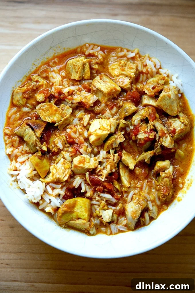 Effortless Butter Chicken and Chickpeas Instant Pot or Stovetop 25 A close-up of a bowl of butter chicken and rice, highlighting the creamy sauce and tender chicken, ready to be enjoyed.