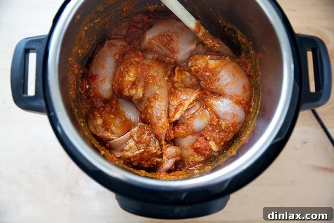 Effortless Butter Chicken and Chickpeas Instant Pot or Stovetop 8 Raw boneless, skinless chicken thighs added to the Instant Pot, mixed with the sauce ingredients.