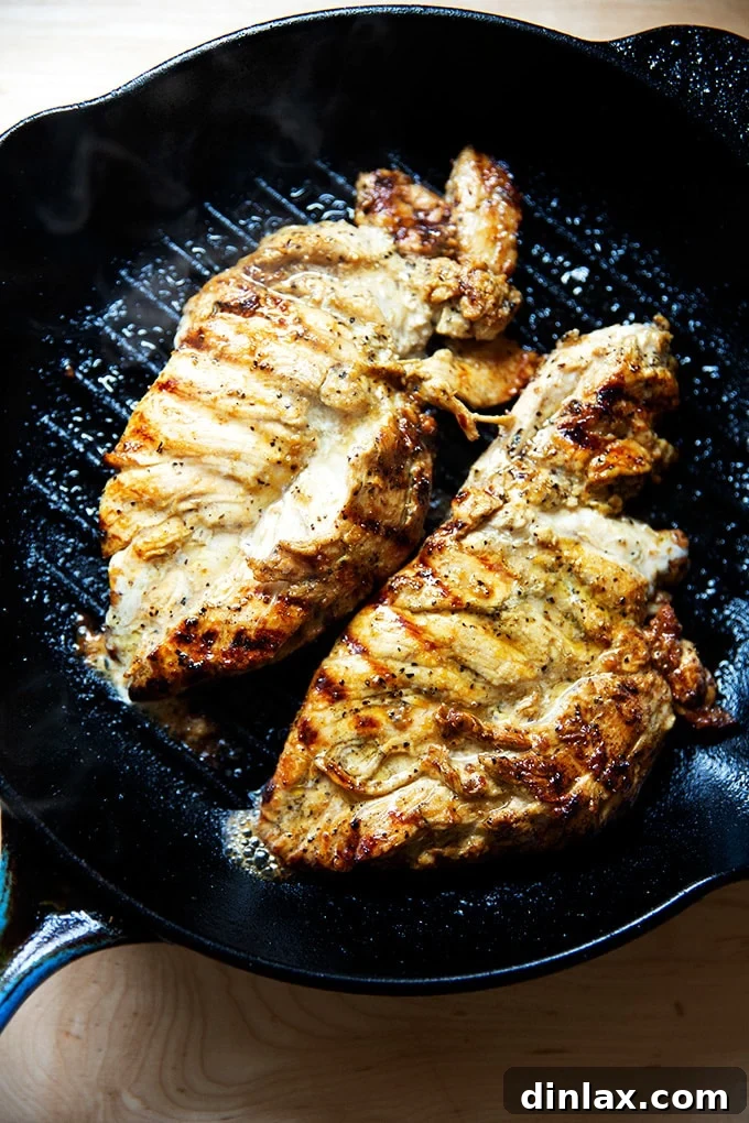 Simply Irresistible Grilled Chicken Breasts 14 Close-up of perfectly grilled chicken breasts in a grill pan, showcasing the delicious char marks.