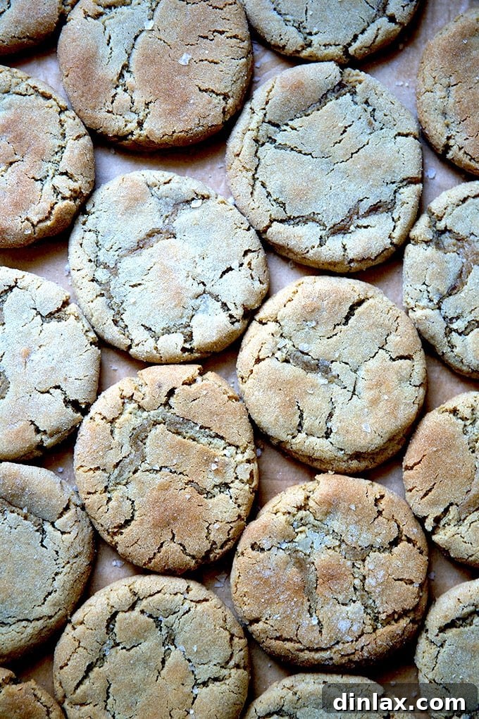 Freshly baked peanut butter cookies arranged beautifully on a baking sheet, showcasing their golden-brown edges and crinkled tops.