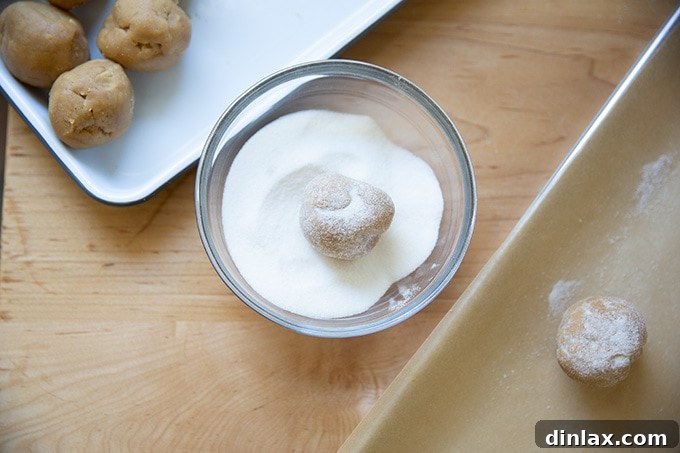 A perfectly shaped peanut butter cookie dough ball, evenly coated in sparkling granulated sugar, showcasing the essential step for its delicious crust.