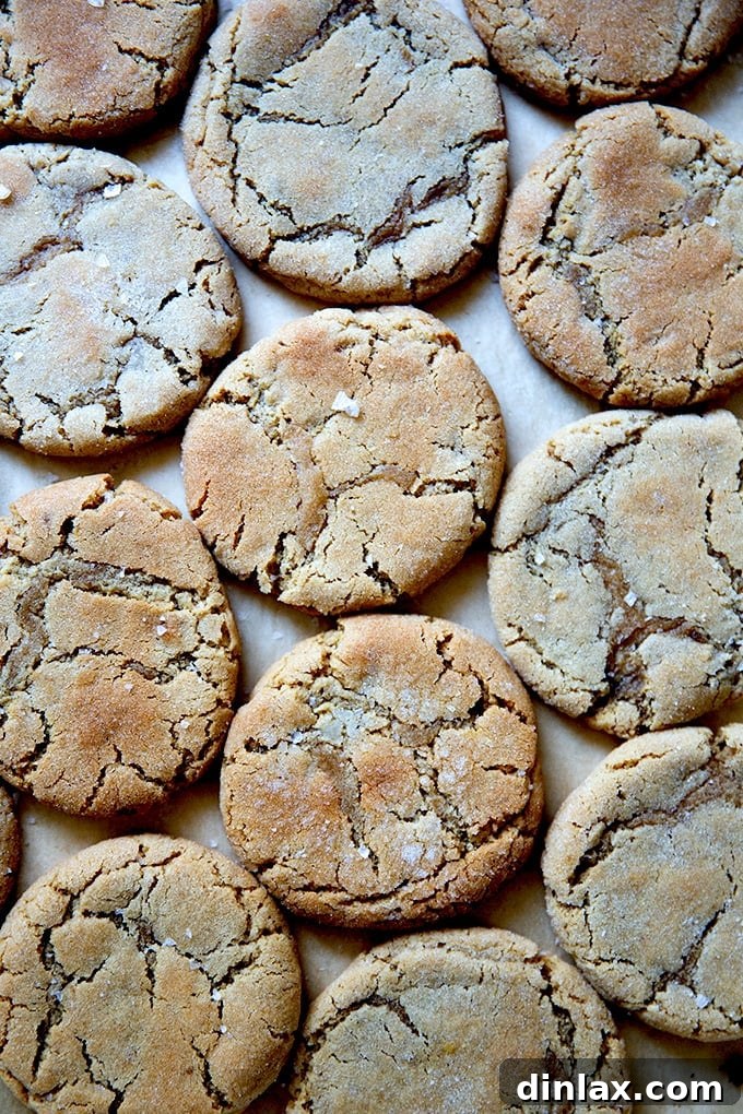 A large batch of perfectly golden, crinkled peanut butter cookies, fully cooled and ready to be enjoyed or stored, arranged on a spacious sheet pan.