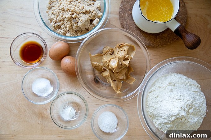 A selection of high-quality ingredients for peanut butter cookies, including butter, brown sugar, eggs, and creamy peanut butter, neatly arranged on a kitchen counter.