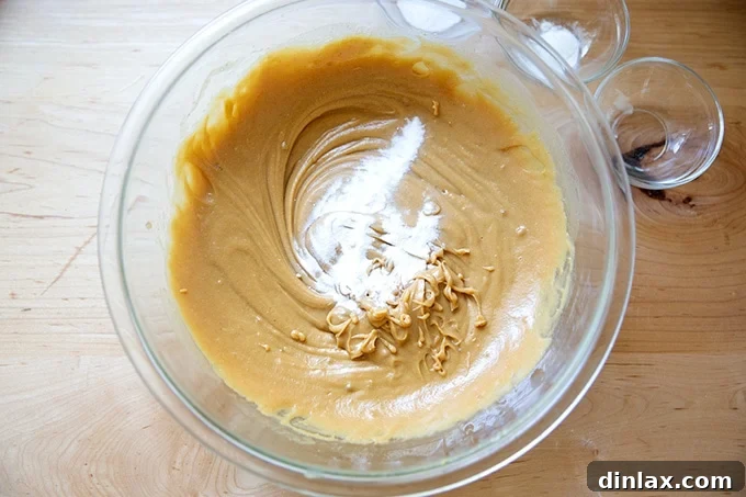 Peanut butter cookie batter in a bowl, with a light dusting of baking powder visible on the surface before being mixed in, indicating the next step in the recipe.