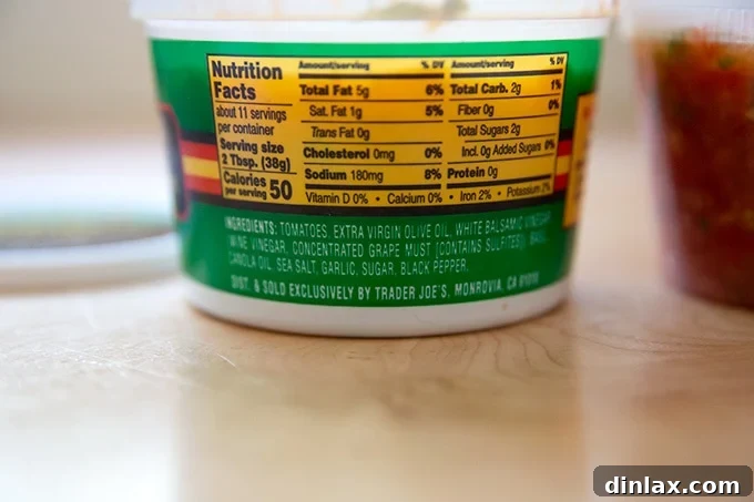 Homemade Trader Joe's Style Bruschetta Sauce 3 A tub of Trader Joe's bruschetta sauce highlighting the ingredient list.