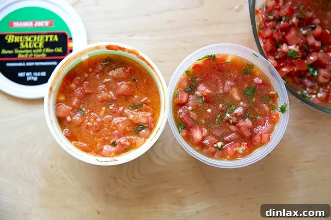 Homemade Trader Joe's Style Bruschetta Sauce 10 Homemade bruschetta sauce in a tub aside Trader Joe's bruschetta sauce.