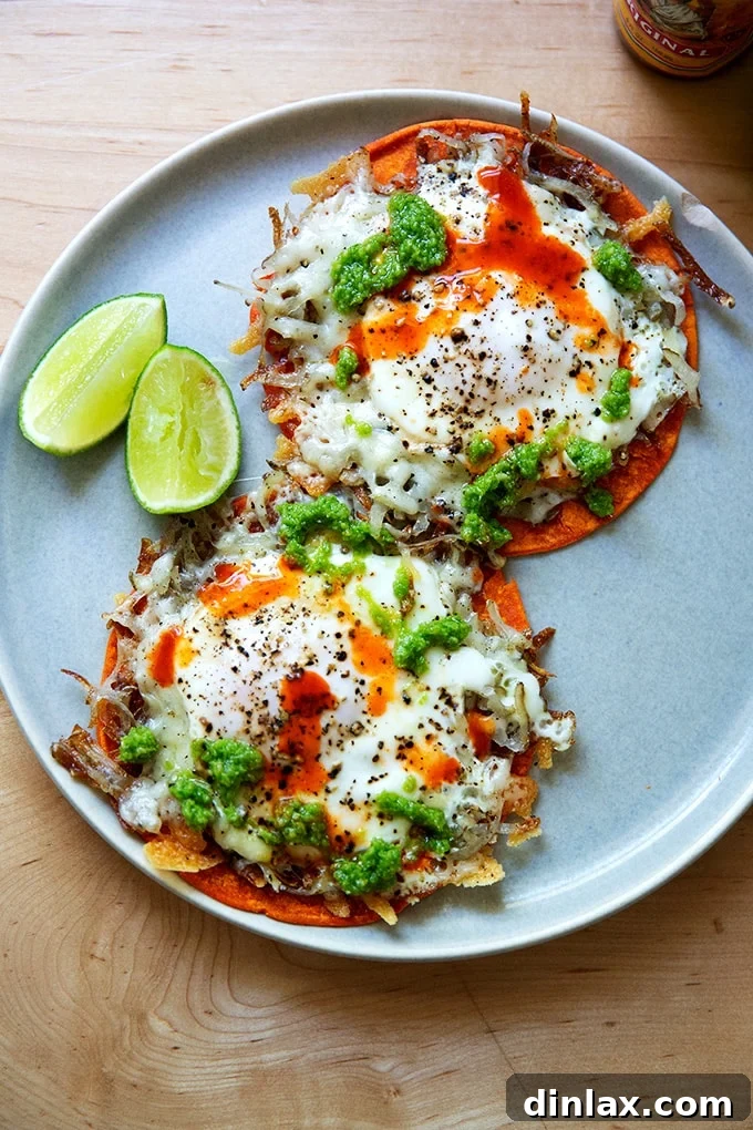 One of the crispy potato, egg, and cheese tacos on a plate, drizzled with a rich green garlic scape pesto, enhancing its visual appeal and flavor.