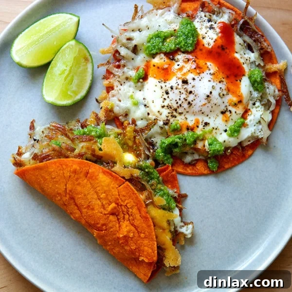 A beautifully presented plate of two crispy potato, egg, and cheese tacos, highlighting the golden crust.