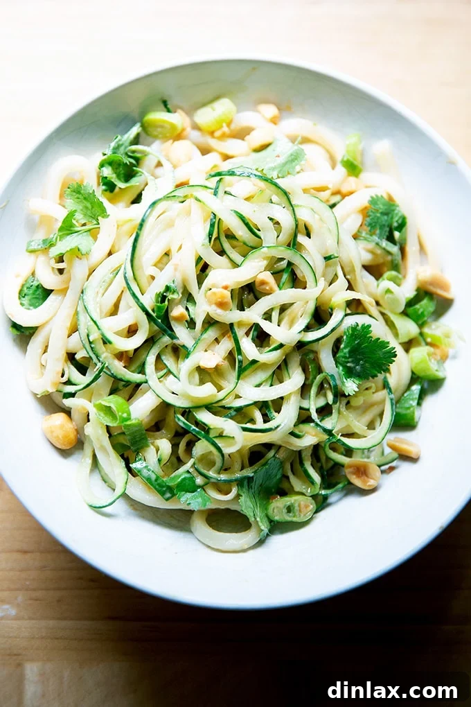 Refreshing Peanut Noodle Salad with Crisp Cucumbers 15 A close-up shot of a single serving of cold peanut noodles, garnished with crisp cucumbers, green scallions, and crushed peanuts, highlighting its appetizing appeal.