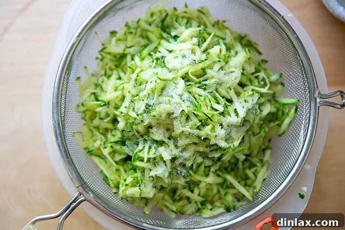 Shredded zucchini, salted, in a colander.