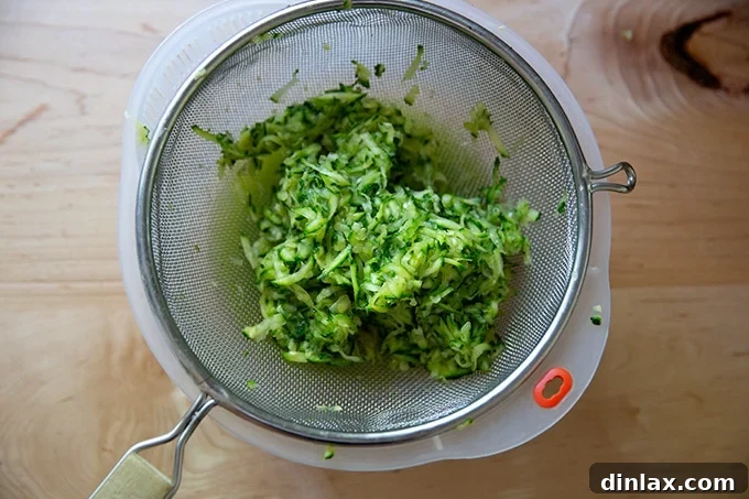 Grated zucchini in a colander.