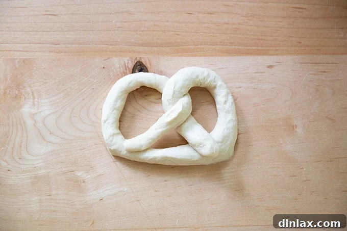Pillowy Soft Pretzels Made Simple 19 An unbaked soft pretzel, perfectly shaped, resting on a countertop.