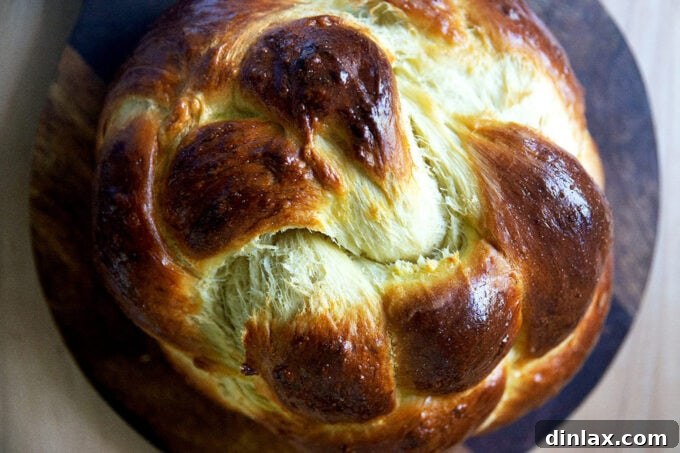A beautifully braided, golden-brown round challah loaf, symbolizing a sweet beginning to the new year.