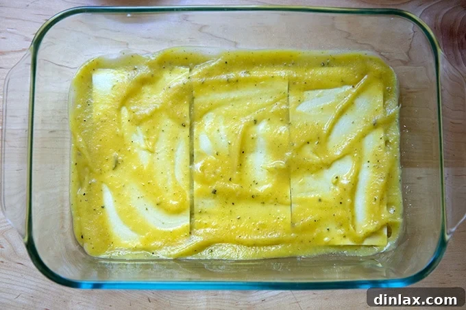 Effortless Butternut Squash Lasagna with Hearty Greens and Mushrooms 12 A smooth, even layer of butternut squash sauce spread over the first layer of noodles, ready for the next delicious additions.