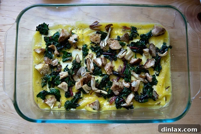 Effortless Butternut Squash Lasagna with Hearty Greens and Mushrooms 13 A delicious and colorful layer of sautéed vegetables, including mushrooms and Swiss chard, spread over the sauce and noodles in the lasagna dish.