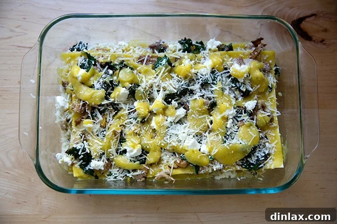 Effortless Butternut Squash Lasagna with Hearty Greens and Mushrooms 15 An almost fully assembled, unbaked vegetarian lasagna showcasing multiple layers of noodles, sauce, vegetables, and cheese in a deep baking dish.