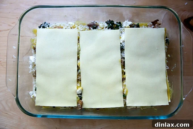 Effortless Butternut Squash Lasagna with Hearty Greens and Mushrooms 17 The final layer of softened no-boil noodles carefully placed atop the assembled unbaked lasagna, ready for the finishing touches.