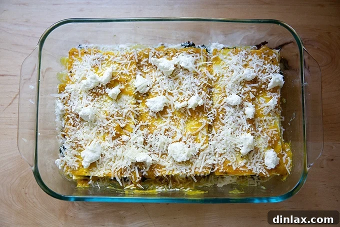 Effortless Butternut Squash Lasagna with Hearty Greens and Mushrooms 18 The top layer of the unbaked vegetarian lasagna, generously covered with creamy butternut squash sauce and a final blanket of grated cheese, promising a golden finish.
