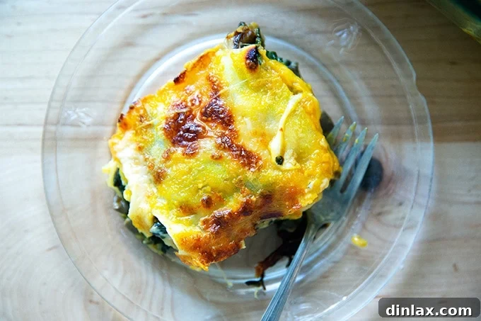 Effortless Butternut Squash Lasagna with Hearty Greens and Mushrooms 21 A perfect, upright slice of butternut squash lasagna, showcasing its beautiful layers of noodles, creamy sauce, greens, and mushrooms, served on a plate.