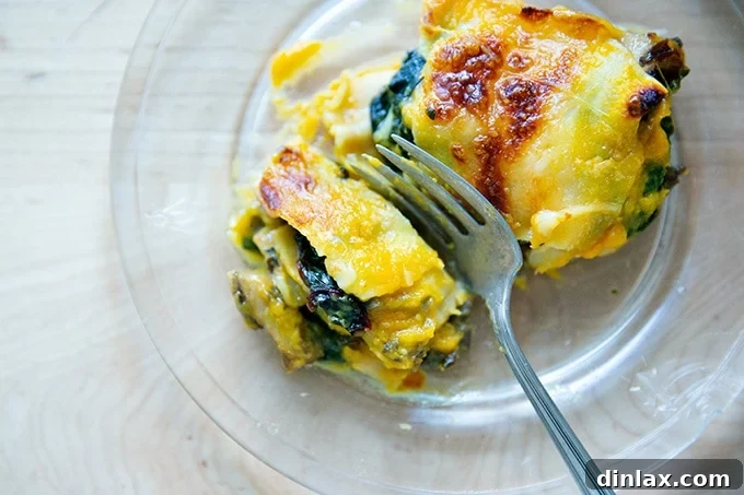 Effortless Butternut Squash Lasagna with Hearty Greens and Mushrooms 22 Another enticing close-up of a delectable slice of butternut squash lasagna, highlighting its rich, creamy texture and vibrant filling.
