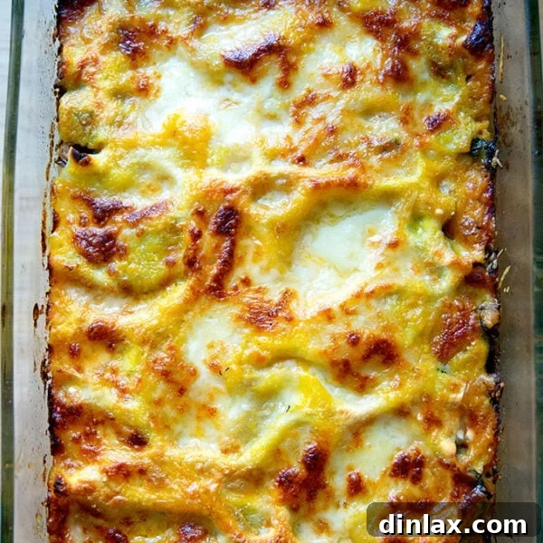Just-baked butternut squash lasagna with greens and mushrooms, golden and bubbling.