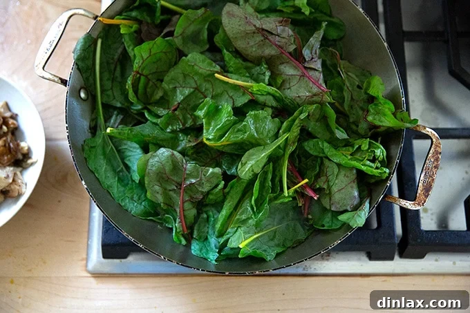 Effortless Butternut Squash Lasagna with Hearty Greens and Mushrooms 7 A large skillet brimming with fresh, bright green Swiss chard leaves, just beginning to wilt as they sauté.