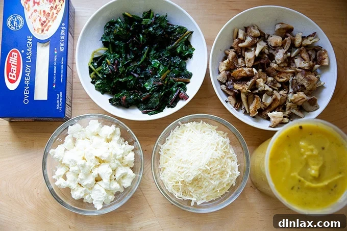 Effortless Butternut Squash Lasagna with Hearty Greens and Mushrooms 10 A beautiful spread of all the prepared components for making a delicious vegetarian butternut squash lasagna: creamy sauce, sautéed mushrooms, wilted chard, and grated cheeses.