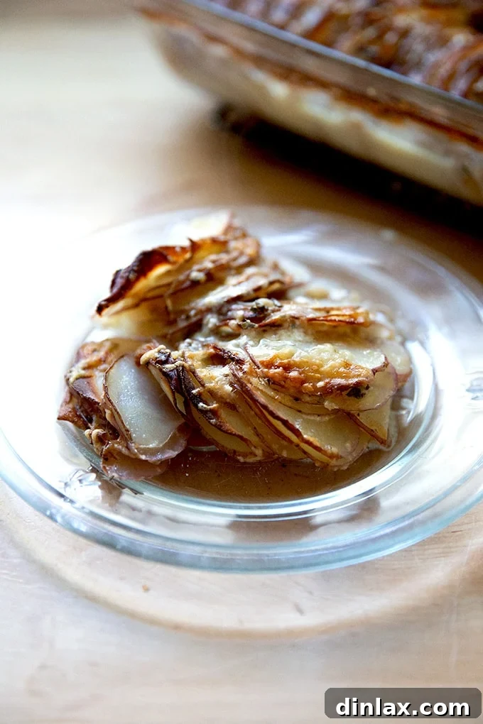 A perfectly portioned slice of Hasselback potato gratin served on a white plate, showcasing its layers and delicious crust.