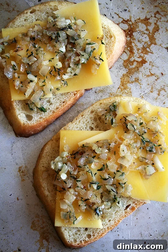 Close-up of the assembled components: slices of bread, generous portions of Gruyere cheese, and a pile of sautéed shallots.