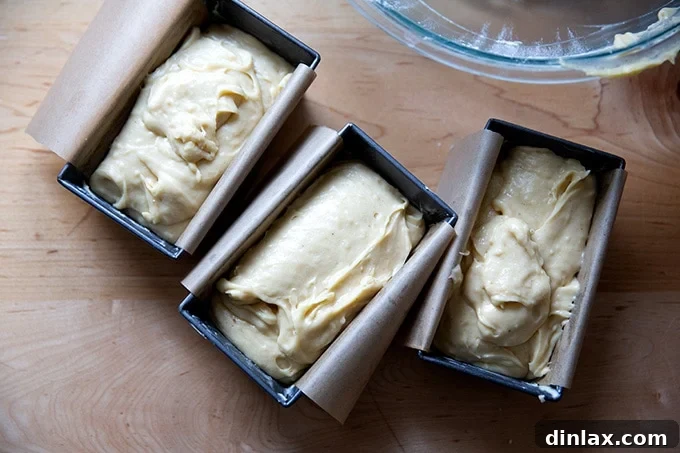 Three mini loaf pans filled with unbaked pound cake batter, neatly arranged and ready to go into the oven.