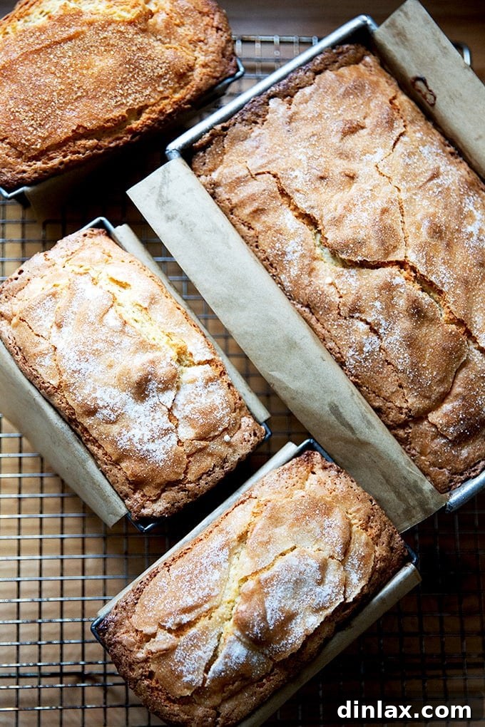 Four perfectly baked pound cake loaves cooling on a wire rack, showcasing various sizes and crust finishes.