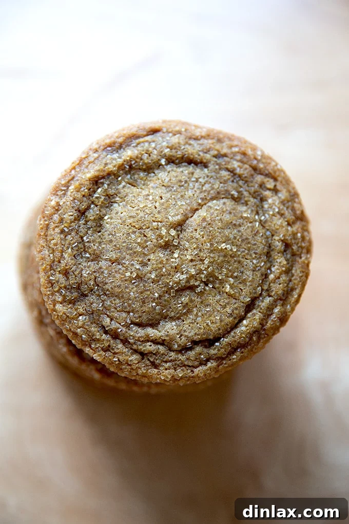An overhead view of a stack of golden-brown gingersnap cookies, perfectly cracked on top and sugared.