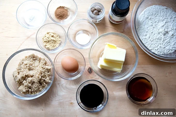 A selection of ingredients laid out on a countertop, ready to be used for making gingersnap cookies.